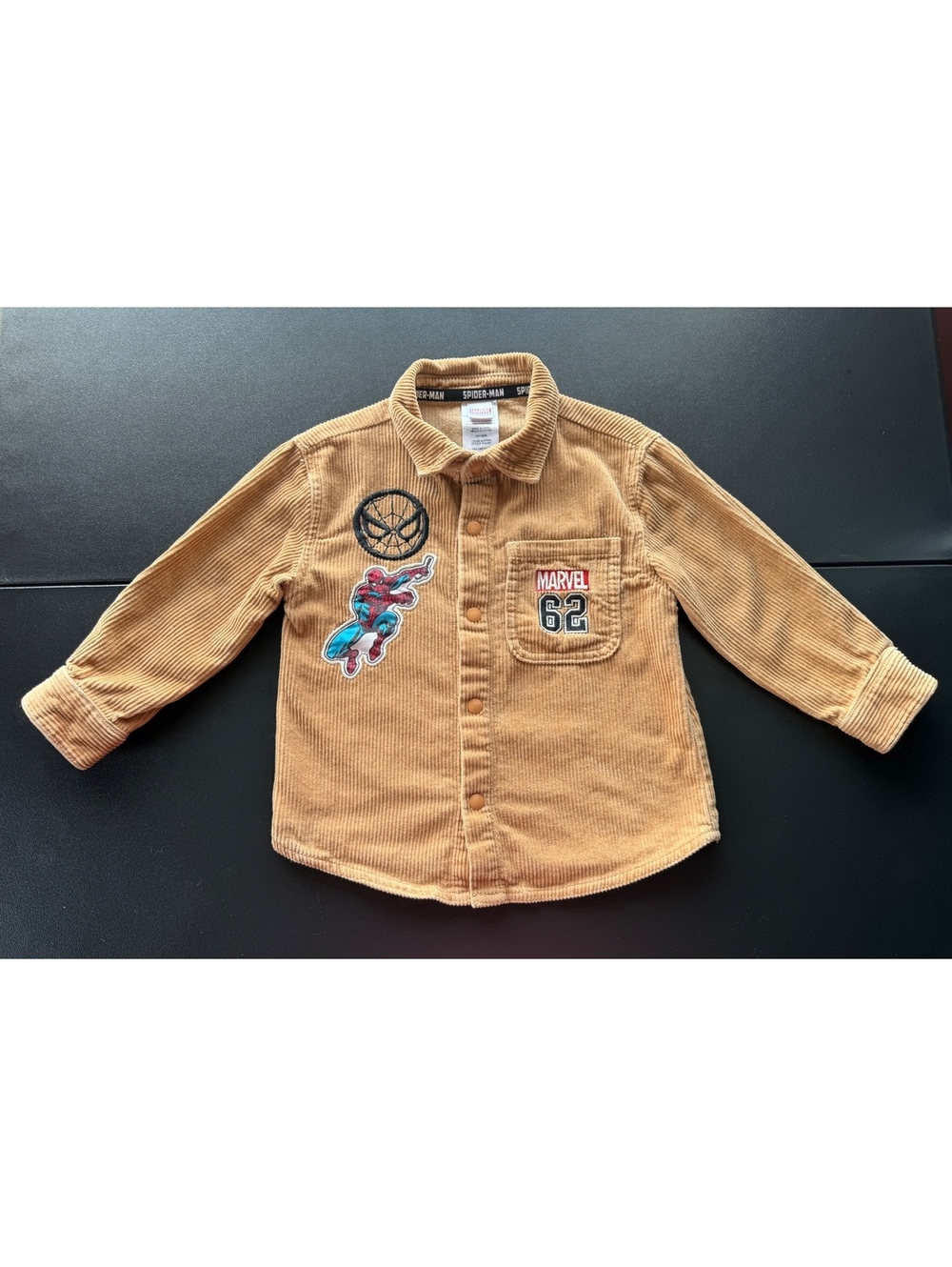 Marvel Spider-Man Boys 3T Mustard Corduroy Shacket Comic Patch Button Shirt